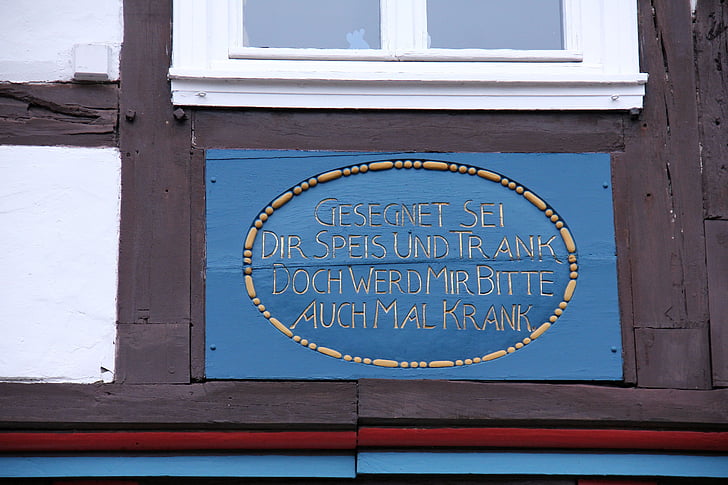 building, truss, fachwerkhaus, inscription, font, blue, gold