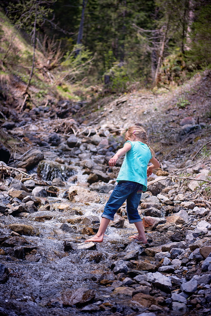 human, person, child, girl, barefoot, bach, natural stream