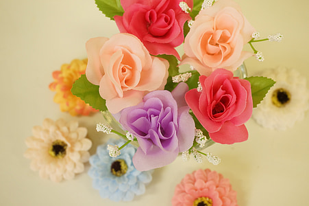 flowers, artificial flowers, orange, pink, light blue, white, red