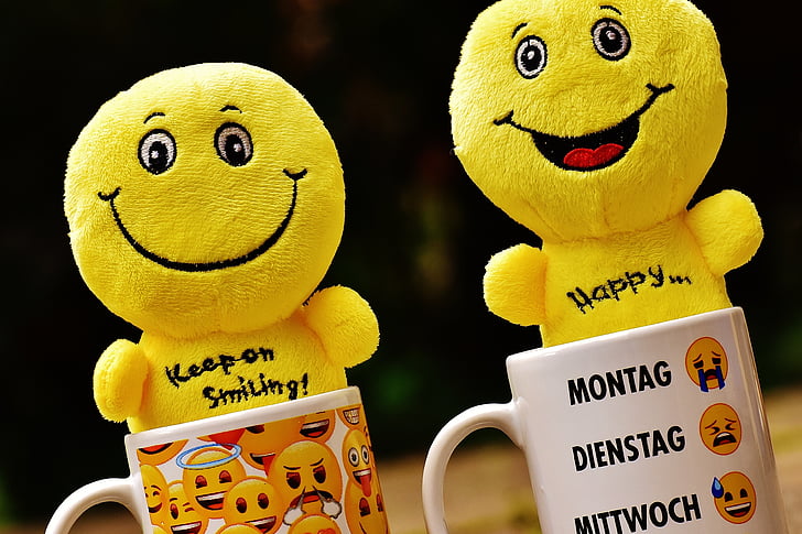 Šypsenėlės, puodelis, geltona, juokingas, džiaugsmas, jaustukas, veidelio