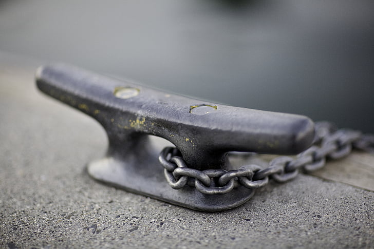 chain, cleat, close-up, depth of field, dock, metal