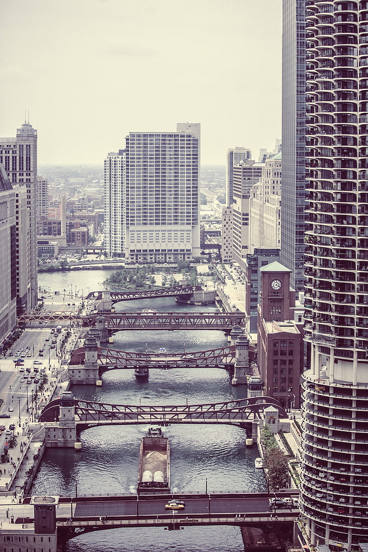 Wacker drive, Chicago, şehir merkezinde, köprüler, nehir, Şehir, Şehir