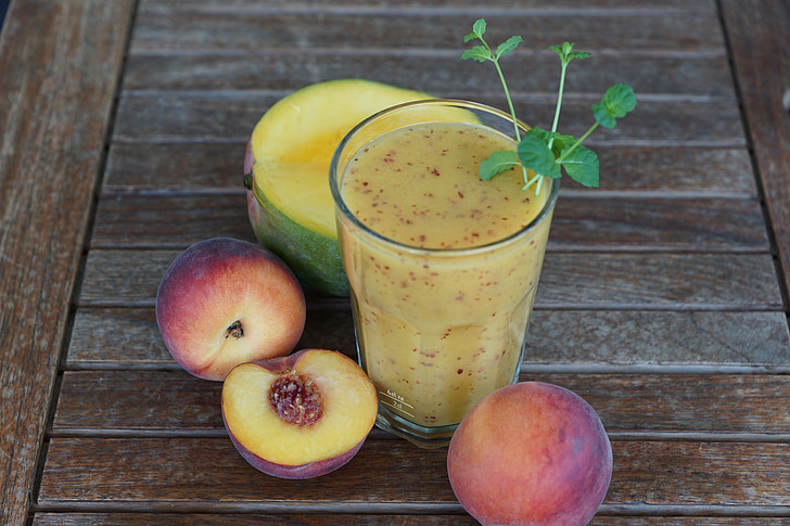 smothie, fruit, drink, glass, healthy, peach, mango