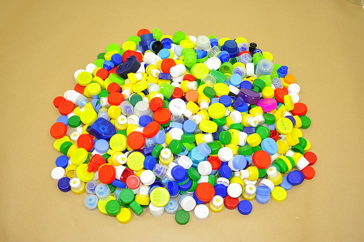 caps, materiaal, recycling, noten, stapel, kleurrijke, de collectie van