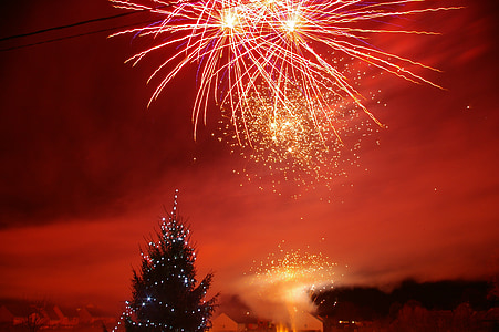 tűzijáték, éjszaka, fenyő, Karácsony, karácsonyi dekoráció, téli, Fesztivál
