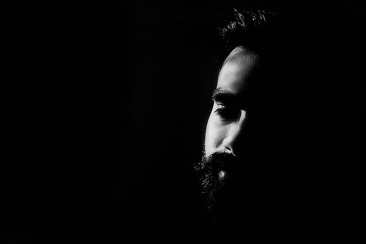 face, high contrast, black and white, bearded man, male, one person, black background