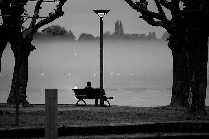 Wieczorem, Abendstimmung, mgła, czarno-białe, Zmierzch, wody, nad jeziorem