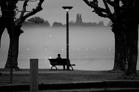evening, abendstimmung, fog, black and white, twilight, water, at the lake