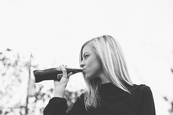 bevande, in bianco e nero, bottiglia, Coca cola, bere, donna, Signora