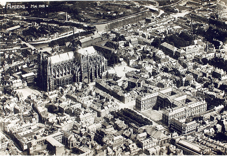 Amiens, Flygfoto, historiska, staden, Domkyrkan, Frankrike, gamla