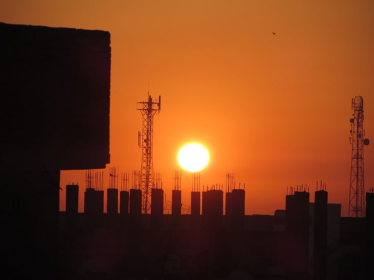 Sunrise, slnko, červená, Sky, Egyptské stavebné, stĺpce, západ slnka