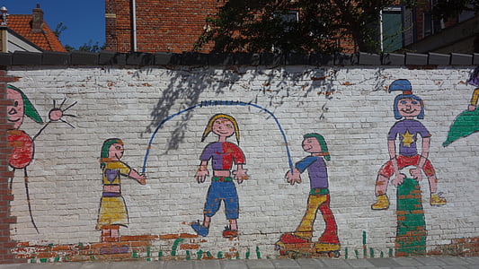 otroci, grafiti, vesel, pisane, steno, Freska, igra