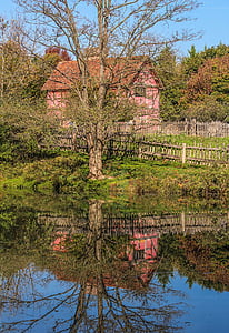 casa de estilo Tudor, Museo, estanque, reflexión, otoño, caída, granja