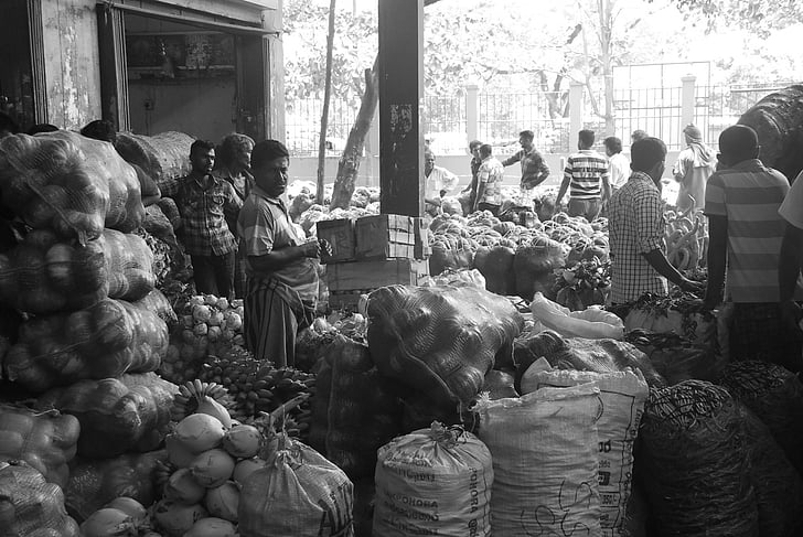 grijswaarden, fotografie, mensen, in de buurt van, groenten, markt, vruchten