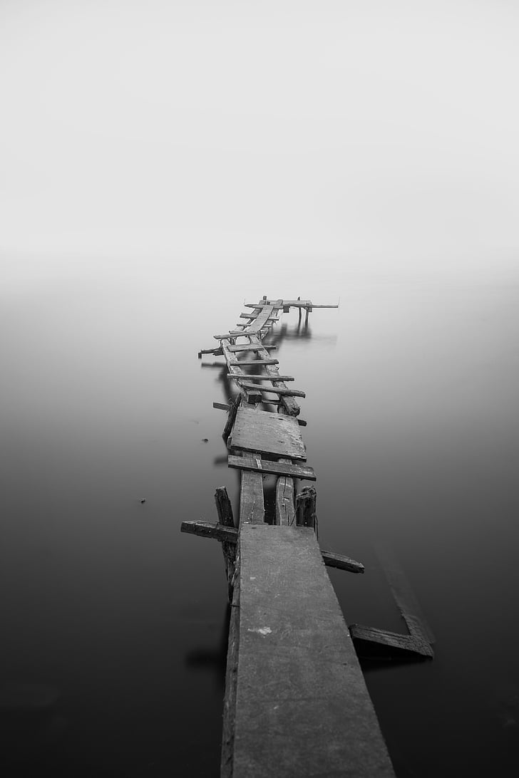 grayscale, photo, wooden, dock, nature, water, still