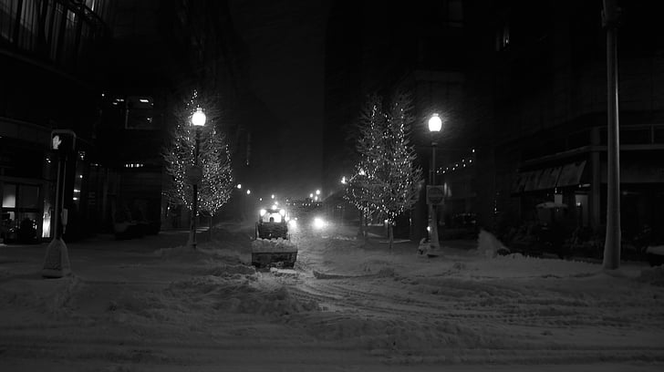 Boston, sniego, pūga, žiemą, naktį, gatvė, tamsus