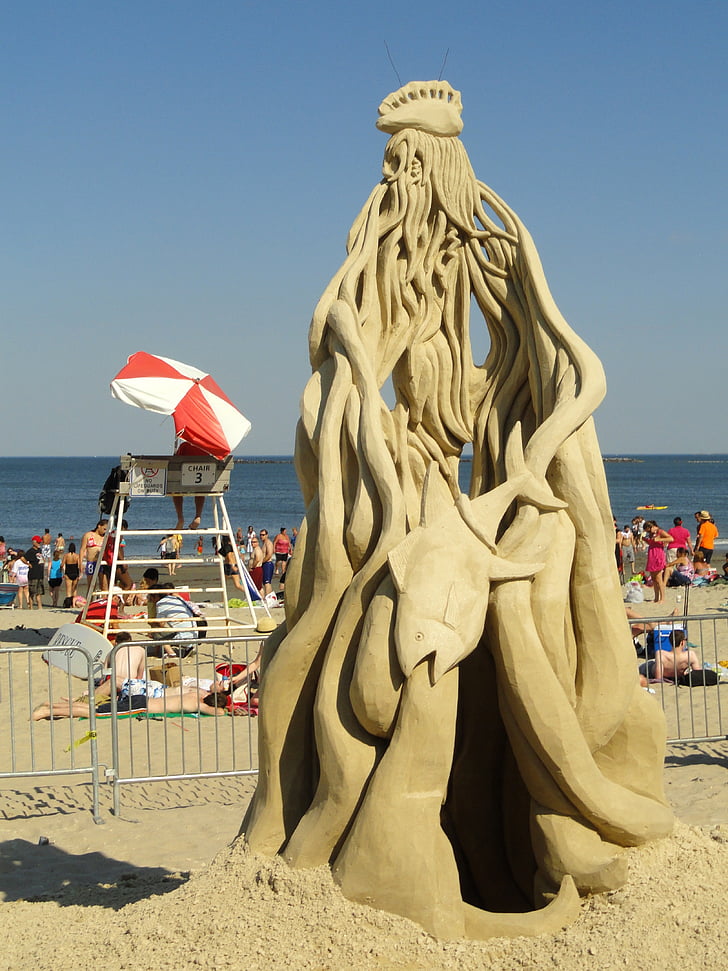 sand, sculpture, beach, sky, sun, design, scene
