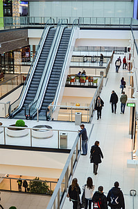 eskalators, shopping mall, iepirkšanās, pa kāpnēm, mobilais, cilvēki, pērk