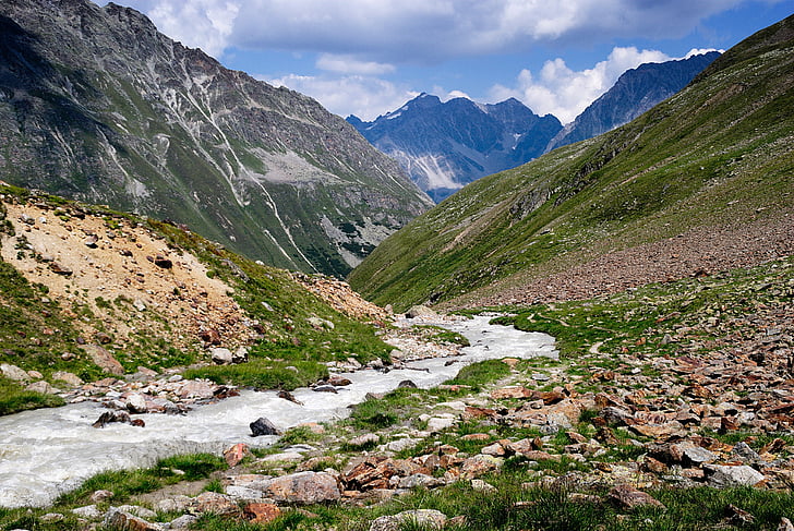 mountains, the alps, austria, torrent, stream, the stones, tops