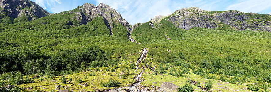mountain, norway, valley, trees, landscape, wilderness, scenery
