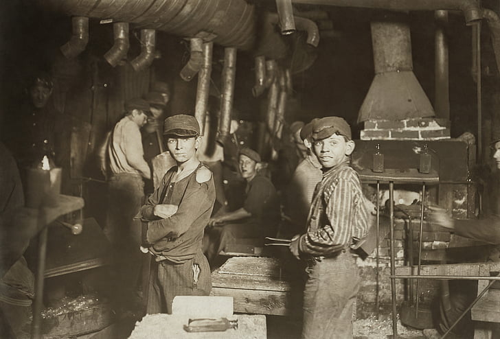 kinderarbeid, kinderen, industrie, werk, Glasfabriek, glas productie, Manufactory