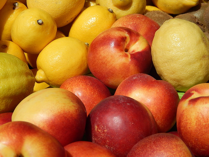 nektariner, frugt, citroner, rød, sommer, naturlige, mad