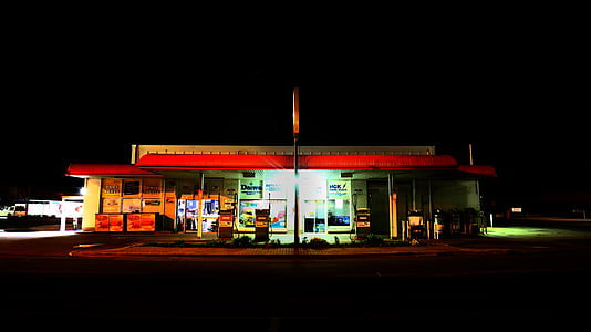 bensin, Station, bensinstation, bensinstation, pumpar, natt, mörka