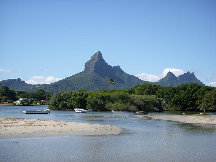 Mauritius, stranden, blå, himmelen, sjøen, ferie, fjell