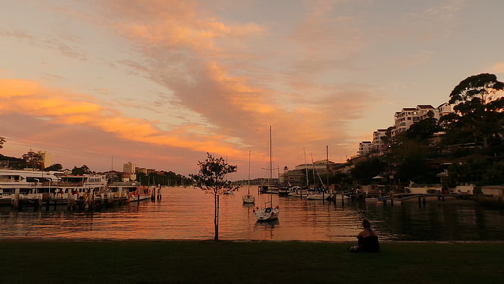 Sydney, Australien, solnedgång, Wharf, Park, röd himmel