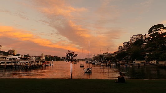 Sydney, Australie, coucher de soleil, quai, Parc, ciel rouge
