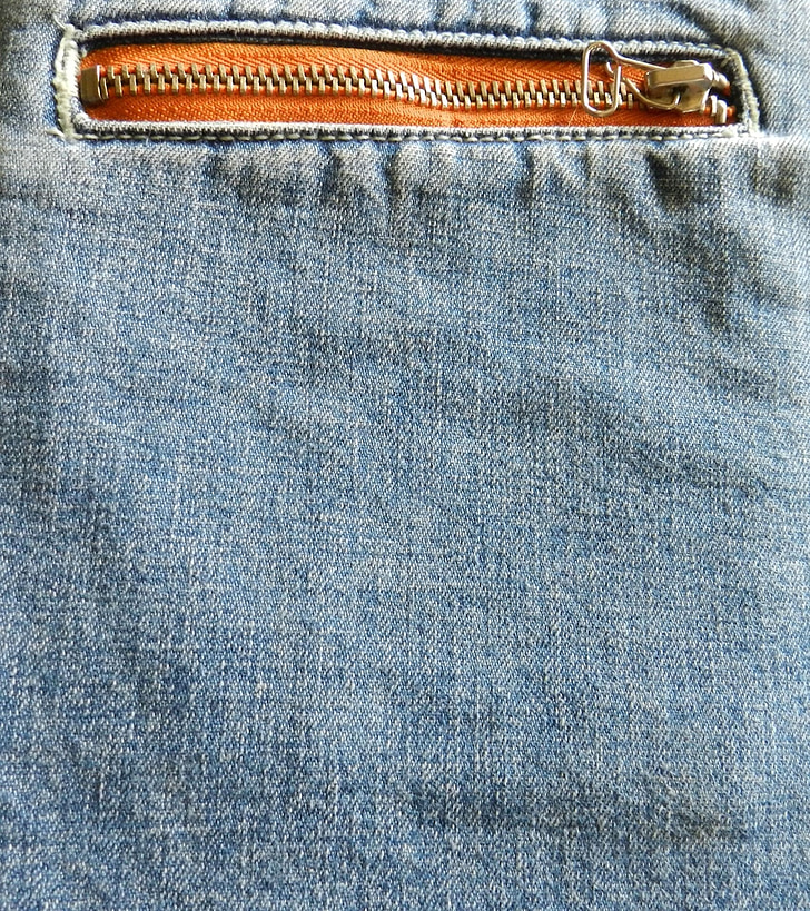 denim, jeans, stof, lynlås, blå, tøj, tekstur