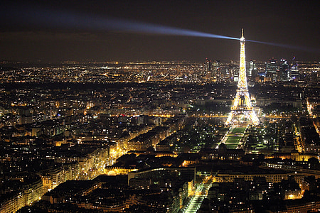 Eiffeltornet, Paris, monumentet, natt, lampor, ljusstrålen, färgglada