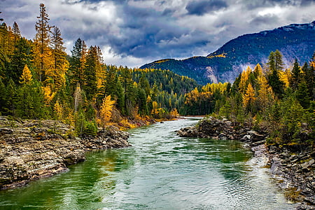 river, glacier national park, montana, landscape, scenic, sky, clouds