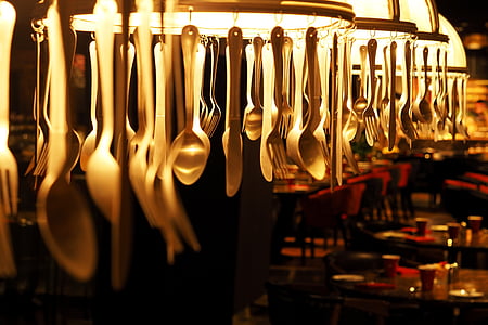 utensilios de lámparas, cuchara de, horquilla, colgante, decorar, restaurante, ambiente