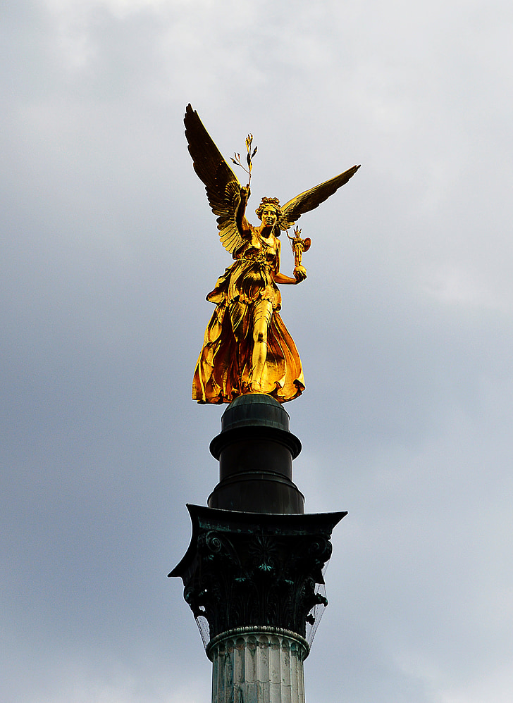 Malaikat perdamaian, emas, Munich, patung, tempat terkenal, arsitektur, langit