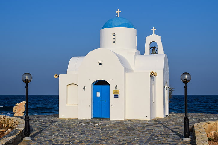 kyrkan, vit, blå, Cypern, religion, ortodoxa, arkitektur