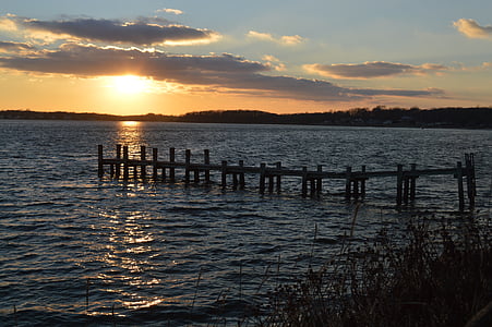 solnedgang, Bay, Long island, Dock, vann, natur