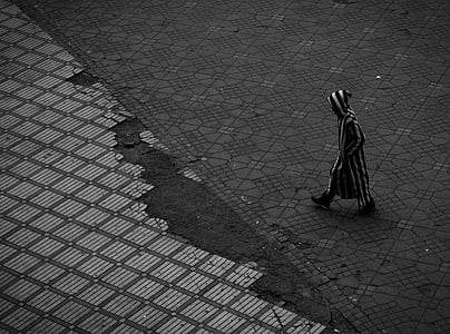 black-and-white, broken, man, path, pattern, person, road