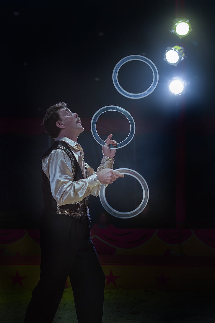 circus, entertainment, rings, throw, time, only men, one man only