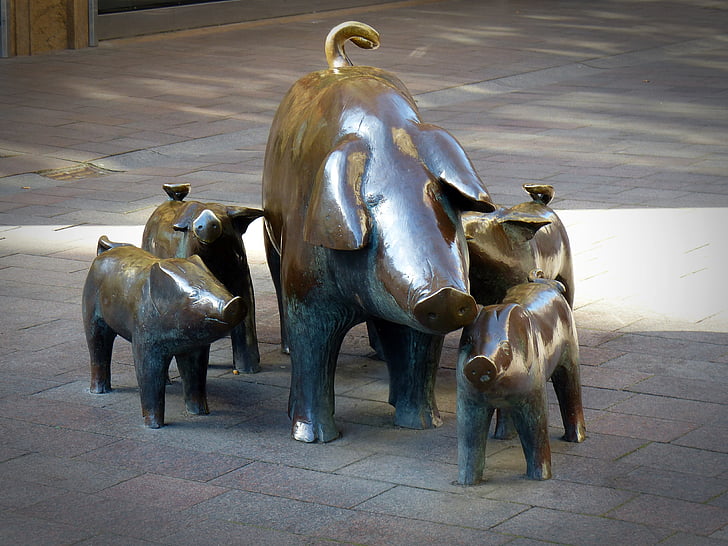 sculpture, pigs, piglet, bronze, art, animal, mammal