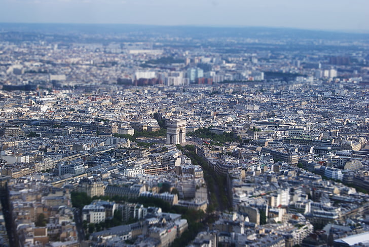 city, eiffel tower, france, overview, paris, tilt shift, triumphal arch
