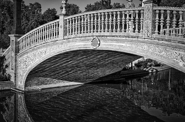 Plaza de espania, híd, Sevilla, történelmi, híres, emlékmű, fekete-fehér