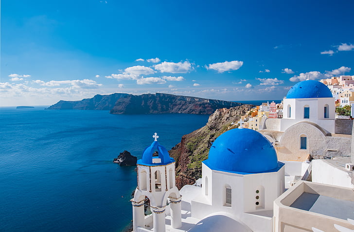 kerk, Santorini, d, Griekenland, eiland, Grieks, het platform
