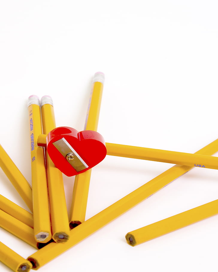 โรงเรียน, ดินสอ, หัวใจ, การศึกษา, สีเหลือง, สีแดง, การออกแบบ
