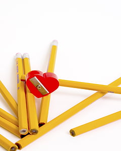 kooli, pliiatsid, südame, haridus, kollane, punane, disain