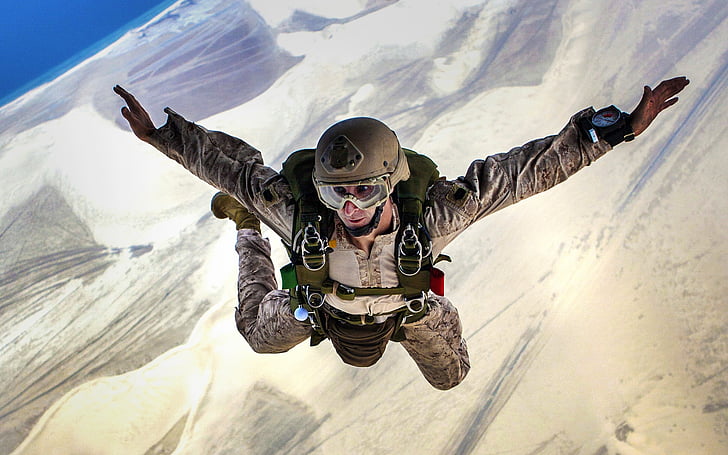 fallskjermhopping, hoppe, fallende, fallskjermhopping, militære, trening, høy