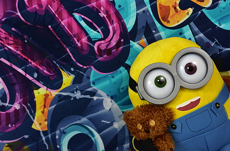 Minion, Teddy, gracioso, Graffiti, colorido, juguete de peluche, Figura