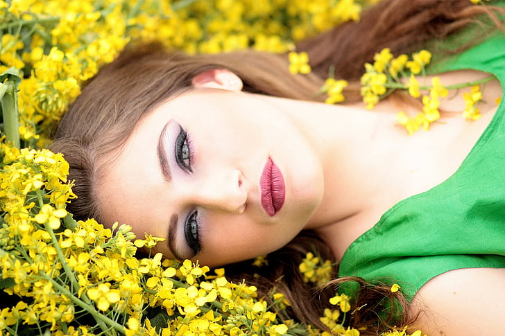 menina, flores, amarelo, beleza, natureza