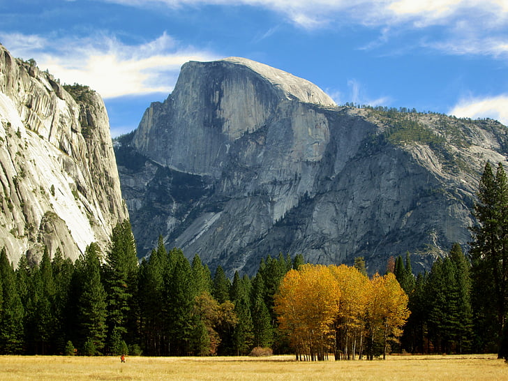 Half dome, Yosemitské údolí, Příroda, Kalifornie, modrá obloha, stromy, hory