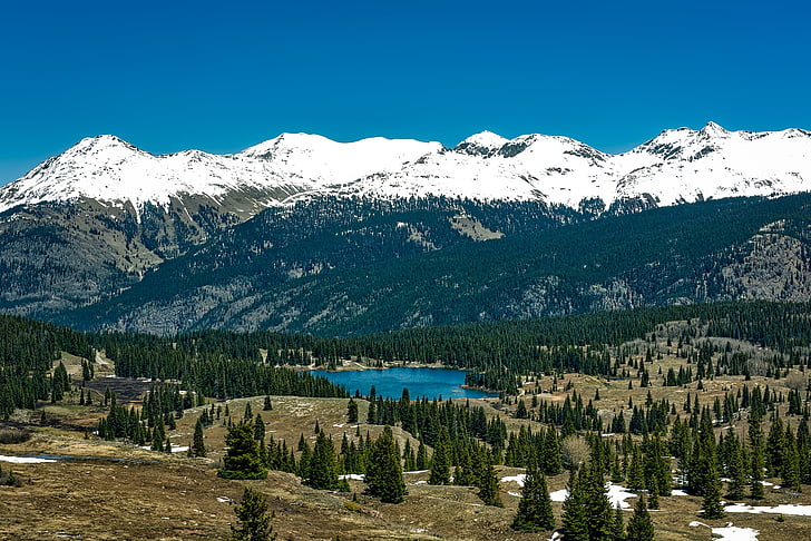 Colorado, tó molas, hegyek, hó, völgy, erdő, fák